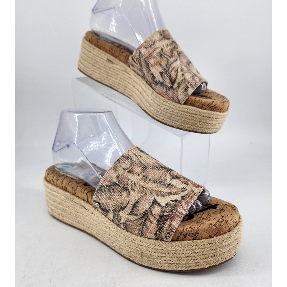 Sam Edelman Platform Espadrille Slide Sandals Womens 8.5 Tan Palm Tree Print